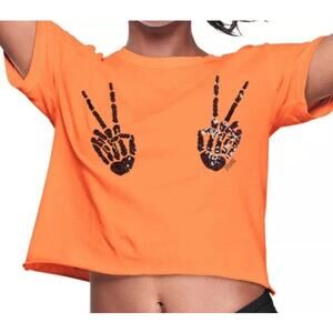 Victorias Secret PINK Halloween T-Shirt XS Squad Ghouls Skeleton Hands Sequin